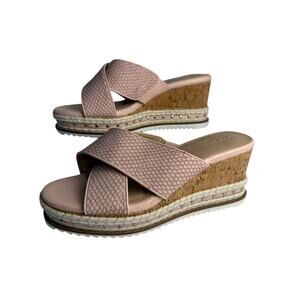 BCBGeneration Womens Habanna Cork Wedge‎ Sandal Size 9 Pink & Silver Vegan Lthr